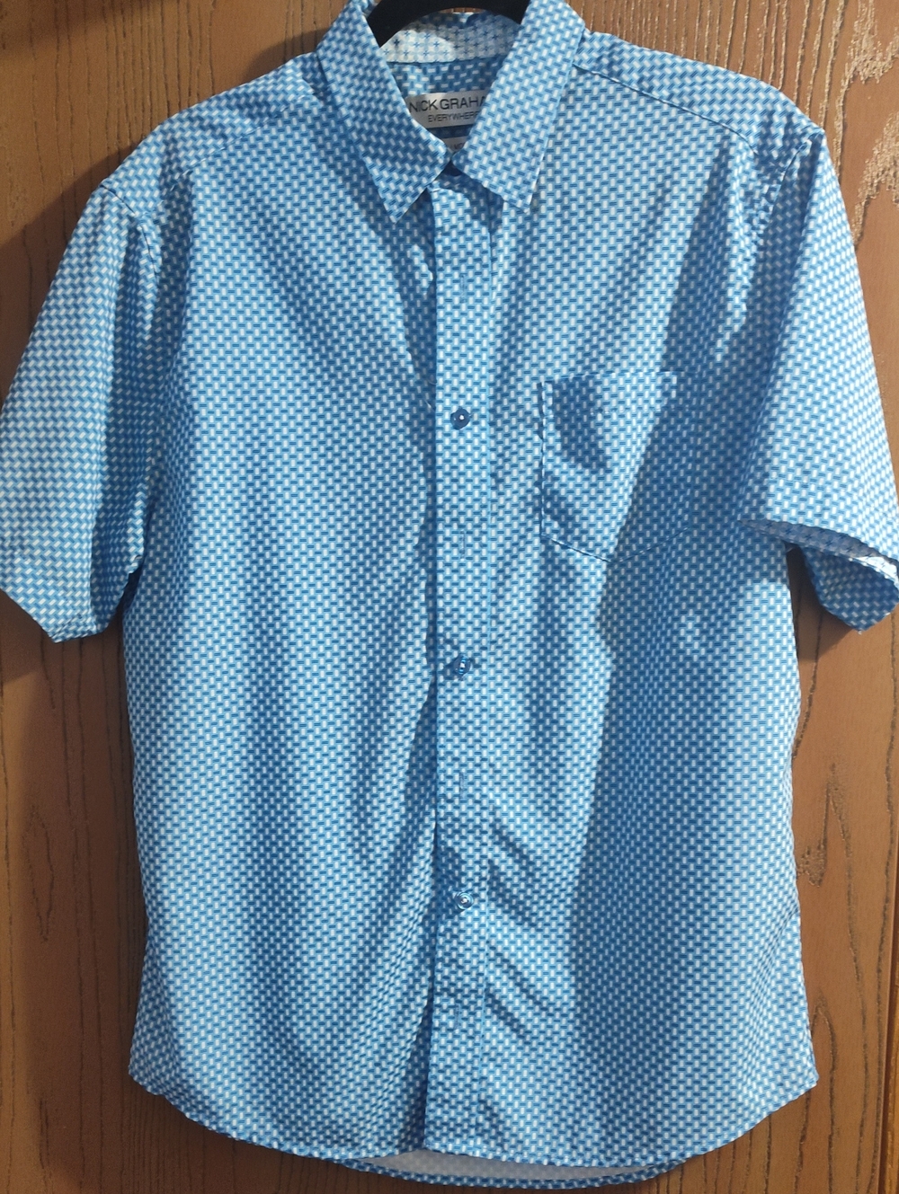 Nick Graham Light Blue Geo-Print Short Sleeve Button-Down Shirt